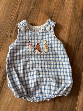 Blue Check Cotton Baby One-Piece with Zoo Animal Appliqués